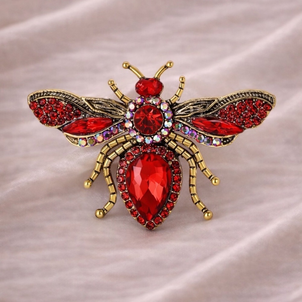 Vintage Red Crystal Bee Brooch